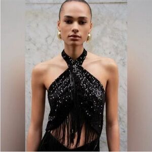 Zara holiday velvet halter sequin fringe jumpsuit size medium